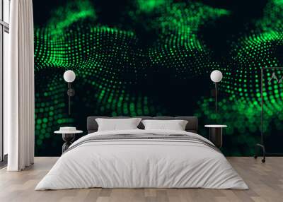 Abstract technology flow background. Futuristic green dots background with a dynamic wave. 3d rendering. Wall mural