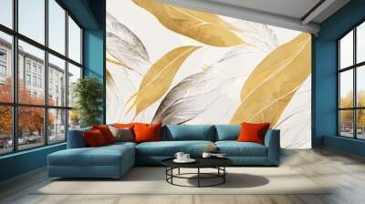 abstract white art background with feathers in golden Wall mural