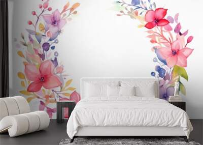 Against a pure white canvas, a watercolor floral frame showcases two symmetrical wreaths crafted from a burst of multicolored blossoms and leaves. Created with generative AI tools Wall mural