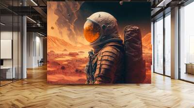 An astronaut in a space suit is alone on the surface of a red planet, Generative AI Wall mural