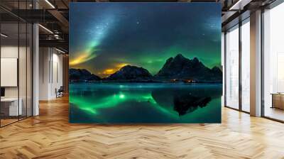 aurora borealis on the lofoten islands norway, night Wall mural