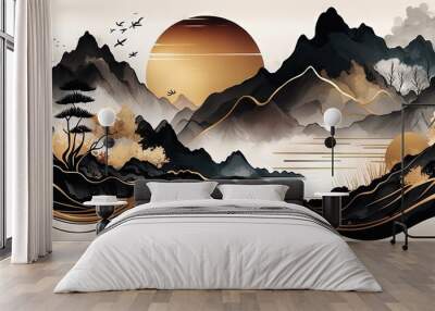 Background of contemporary Chinese abstract art with elements of landscape painting, ink and gold patterns, Generative AI Wall mural