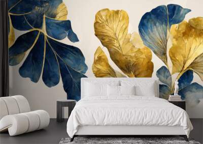 background with blue and gold ginkgo leaves Wall mural