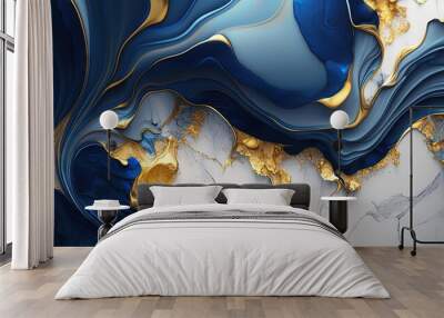 Blue and gold floral marble texture abstract background, Generative AI Wall mural