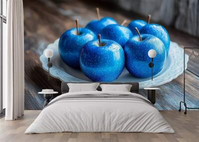 blue apples on a white plate which is on a wooden table Wall mural