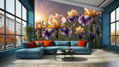 bright iris flowers in dew drops on sunrise background Wall mural