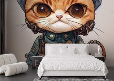 cat dressed as a military pilot, chibi style character Wall mural