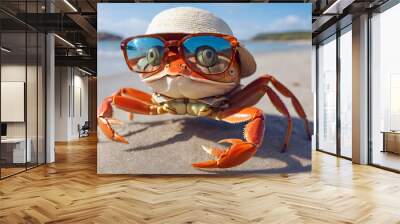 cheerful cute crab with glasses and hat on the beach. summer holiday at sea Wall mural