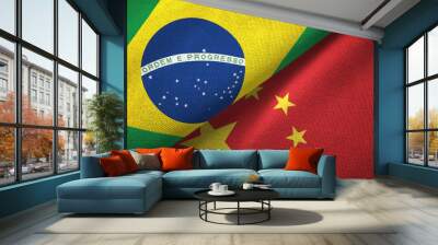 China and Brazil two flags textile cloth fabric texture Wall mural