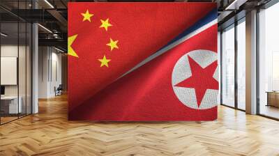 China and North Korea two flags textile cloth, fabric texture Wall mural