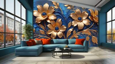 colorful blue and gold flowers painted with oil paints. bright floral background Wall mural