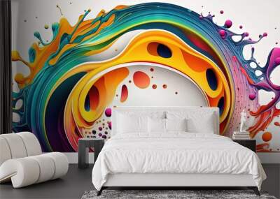 Colorful pattern of liquid motion with curved waves and paint drops on a white background, Generative AI Wall mural