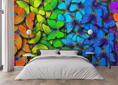 Colors of rainbow. Pattern of multicolored butterflies morpho, texture background. Wall mural