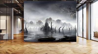 Creepy landscape showing misty dark swamp in autumn Wall mural