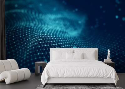 Data technology illustration. Abstract futuristic background. Wave with connecting dots and lines on dark background. Wave of particles. Wall mural