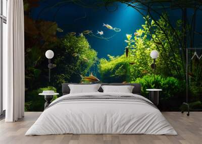 Light beam in tropical fresh water aquarium with live  plants, different fishes and blue background in low key, 300 dpi Wall mural