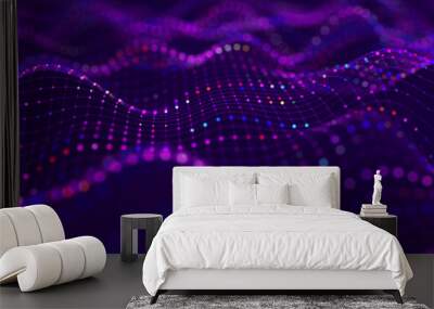 Futuristic dots background. Color music sound waves. Big data visualization. 3d rendering. Wall mural