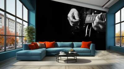 guitarist hands and guitar close up. playing electric guitar. black and white. copy spaces Wall mural