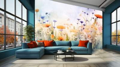 A panoramic background featuring a vibrant and abstract meadow of colorful flowers Wall mural