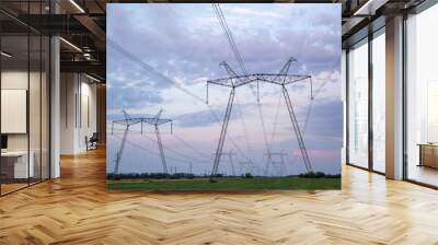 High-voltage power lines at sunset. High voltage electric transmission tower Wall mural