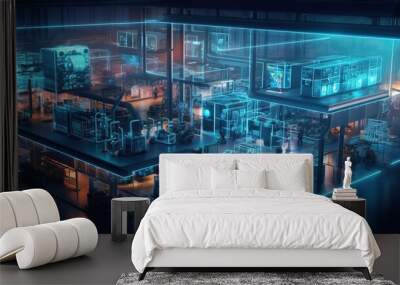 Industry. Smart factory interior showcases machines, efficient workstations, and automated production lines, optimizing the manufacturing process for improved performance. The concept of optimal work Wall mural