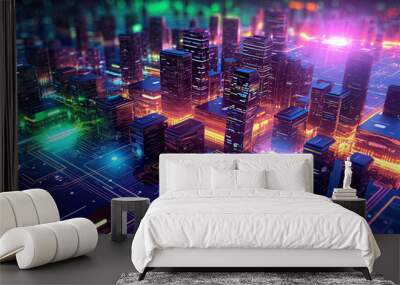 Smart city on circuit board background, a futuristic cyberspace concept brought to life. Ai generated Wall mural