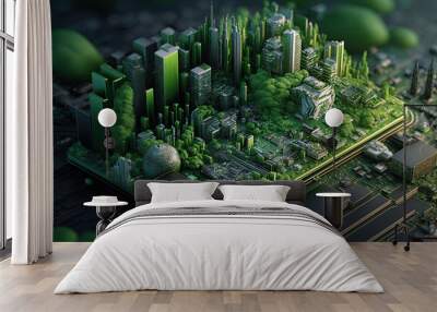 Smart green city on circuit board background. Futuristic cyberspace concept. Generated AI Wall mural