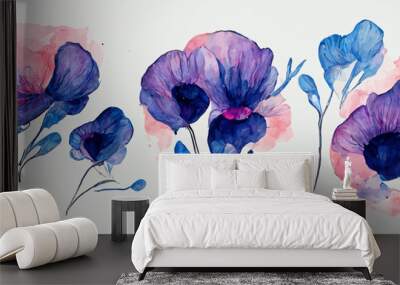 hand drawn floral illustrations, abstract pink purple flowers, watercolor, background Wall mural