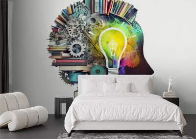 Human head made of gears and books with light bulb shape inside Wall mural