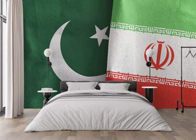 Iran and Pakistan two flags textile cloth 3D rendering Wall mural