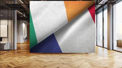 Ireland and France two flags textile cloth, fabric texture Wall mural