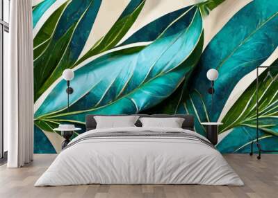 luxury art background with tropical leaves in blue and green lines Wall mural