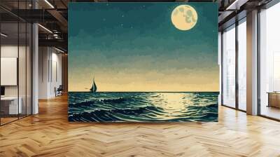 ocean and yacht at night with moon illustration Wall mural