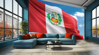 Peru flag waving sky background 3D illustration Wall mural