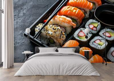 Set of sushi and rolls, Asian cuisine, chopsticks, background, wallpaper. Wall mural