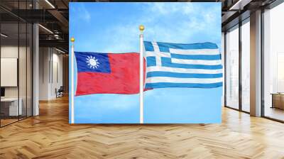 Taiwan and Greece two flags on flagpoles and blue sky Wall mural