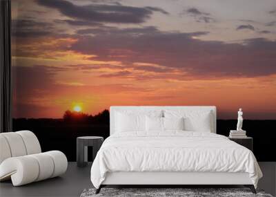 The sun sets over the horizon. Silhouettes of trees on sunset sky background. Colorful clouds. Wall mural