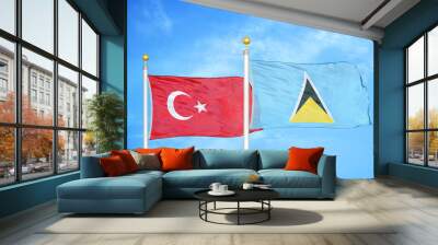 Turkey and Saint Lucia two flags on flagpoles and blue cloudy sky Wall mural