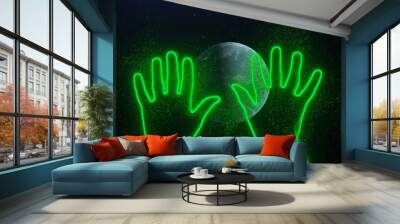 Two hands wave their palm in space among planet earth rotating, stars. Abstraction, 3d render, neon glowing lines and particles. Red outline of hands. Sign of greeting, fanaticism, adoration, party. Wall mural