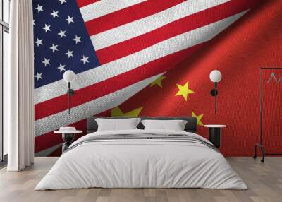 United States and China two flags textile cloth, fabric texture Wall mural