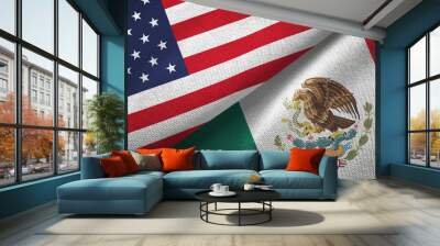 United States and Mexico two flags textile cloth, fabric texture Wall mural