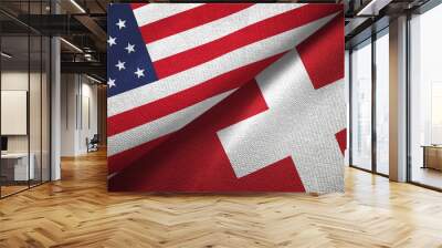 United States and Switzerland two flags textile cloth, fabric texture Wall mural