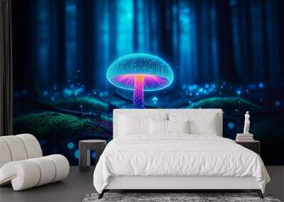 Vibrant neon mushroom glowing in a dark forest Wall mural