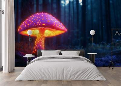 Vibrant neon mushroom glowing in a dark forest Wall mural