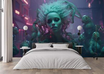 Wallpaper.  Ancient Medusa modern age. 16:9. Generative AI Wall mural