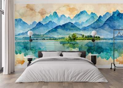 watercolor landscape background with mountains and hills Wall mural