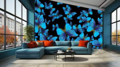 Wings of a butterfly Morpho. Flight of bright blue butterflies abstract background. Wall mural