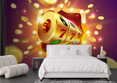 Golden slot machine wins the jackpot 777 on background of an explosion of coins and retro frame. Vector illustration Wall mural