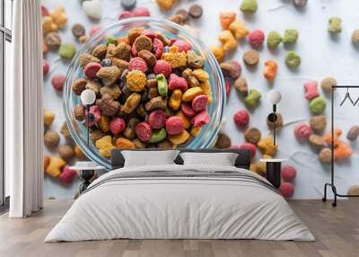 A bowl filled with colorful pet food kibbles, surrounded by scattered pet food pieces, symbolizing nutrition and variety in pet diets Wall mural