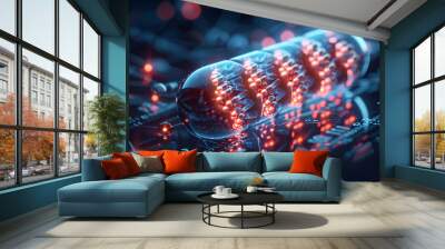 A digital representation of dna encapsulated in a pill, symbolizing advanced dna therapy and precision medicine technology Wall mural